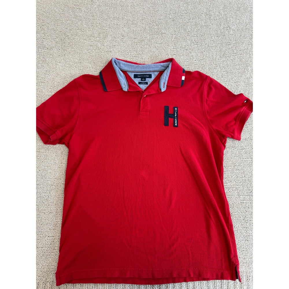 Tommy Hilfiger Mens Slim Fit Polo Shirt Red Short Sleeve Large H Logo Patch